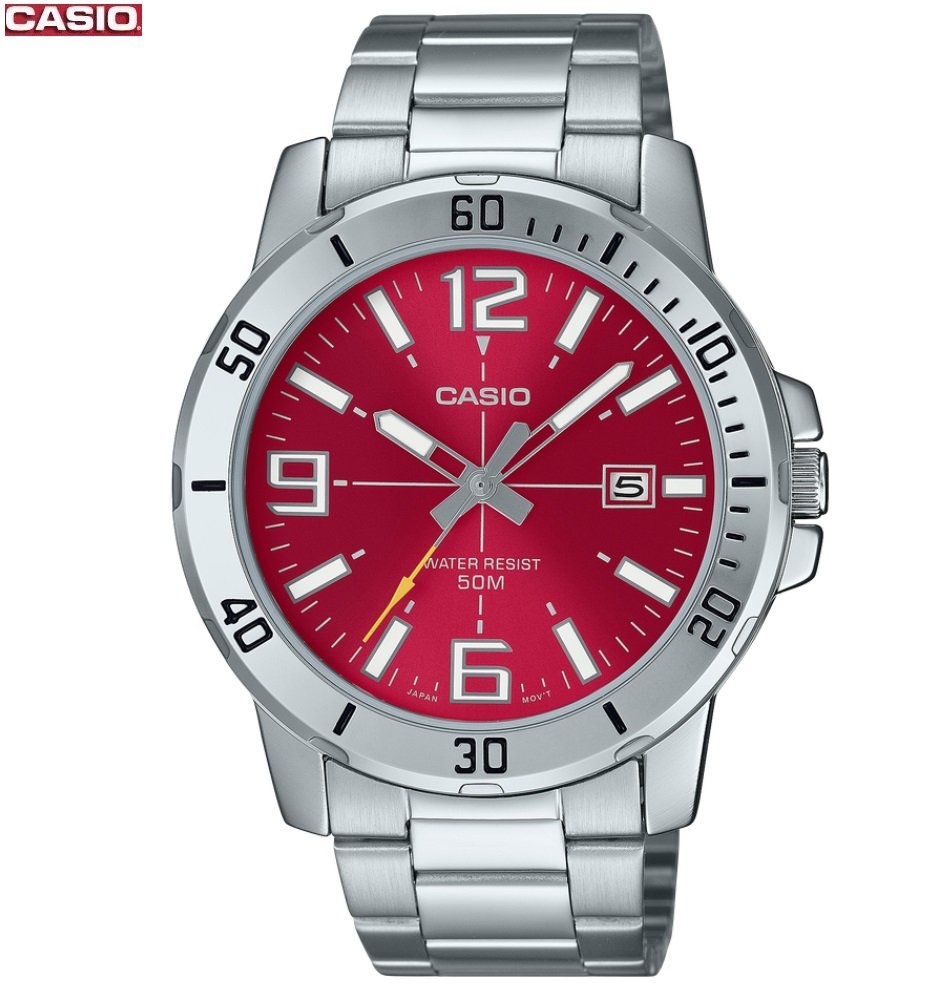 1-9-15.jpg Casio montre homme Argente cadran rouge Avec dateur étanche 50 m acier inoxydable –mtp-vd01d-4bvudf - Image 1